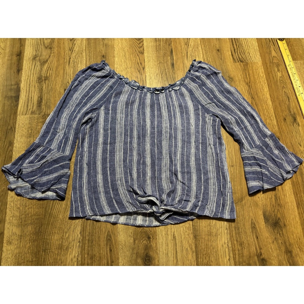 BCX Striped Top Womens Medium Blue Juniors Bell Sleeve Front Tie Excellent